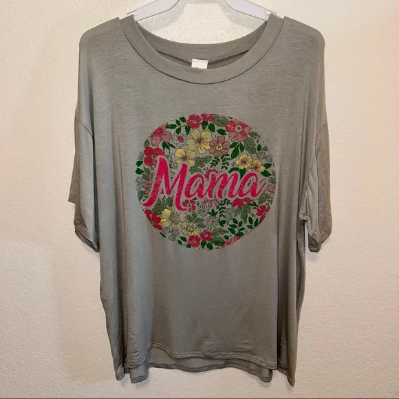 Green & Pink “Mama” Floral Botanical Leaf Graphic Short Sleeve Tee Shirt - Picture 3 of 11